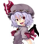  absurdres alternate_color alternate_costume ascot blue_hair bow brooch bust dress hat hayate-s highres jewelry open_mouth puffy_sleeves purple_hair red_eyes remilia_scarlet ribbon short_hair smile solo touhou white_background wings 