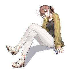  1girl black_shirt breasts brown_eyes brown_hair cardigan collarbone commentary_request crew_neck crossed_legs eyelashes fingernails from_side full_body glowing_lines hair_between_eyes hair_ribbon hand_on_ground hand_up highres holding jun_(navigavi) knees_up large_breasts long_hair long_sleeves looking_at_viewer making-of_available nail_polish nose object_request open-toe_shoes open_cardigan open_clothes original pants parted_lips pink_nails ribbon shadow shirt shoes shout_lines sitting sleeves_past_wrists solo toenail_polish toenails toes twintails white_pants white_shoes yellow_cardigan 