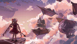  1girl absurdres aircraft airship blonde_hair clouds collared_shirt commentary_request crystal crystal_wings flandre_scarlet hat hat_ribbon highres holding holding_weapon jolly_roger laevatein_(touhou) mob_cap one_side_up red_skirt red_vest ribbon shirt skirt skirt_set solo touhou vanilla_flan vest weapon white_hat white_shirt wings 
