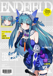  1girl absurdres arknights arknights:_endfield bare_shoulders blue_dress blue_hair blush breasts chinese_commentary commentary_request cover cover_page covered_horns cowboy_shot demon_girl detached_sleeves dress fake_cover fake_magazine_cover frilled_dress frills hair_ornament hand_up headdress heart heart_o-ring highres holding holding_microphone idol_clothes last_rite_(arknights) leaning_forward long_hair long_sidelocks magazine_cover medium_breasts microphone o-ring o-ring_thigh_strap pointy_ears red_eyes sidelocks solo thigh_strap too_many_hair_ornaments tupikeee two_side_up 