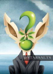  apple black_jacket black_suit clouds cloudy_sky collared_shirt commentary english_commentary fine_art_parody food fruit green_apple highres jacket leaf leafeon necktie parody pokemon pokemon_(creature) pokemon_focus red_necktie shirt sky solo starsalts straight-on suit suit_jacket the_son_of_man_(magritte) twitter_username white_shirt 