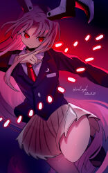  1girl absurdres animal_ears black_background black_jacket blazer border bow breast_press buttons closed_mouth collared_jacket collared_shirt commentary_request cowboy_shot crescent crescent_pin danmaku dated dot_nose finger_gun floating_hair floppy_ears gradient_border highres ichirugi jacket lapel_pin lapels layered_sleeves leg_up long_hair long_sleeves looking_to_the_side miniskirt necktie notched_lapels pink_skirt pleated_skirt pointing pointing_to_the_side purple_background purple_bow purple_hair rabbit_ears red_eyes red_necktie reisen_udongein_inaba shirt sidelocks signature skirt smile solo thick_thighs thighs touhou very_long_hair white_shirt white_skirt 