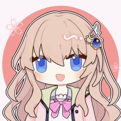  1girl 9-nine- :d blue_eyes bow bowtie brown_hair cardigan chibi chibi_only chinese_commentary commentary eyes_visible_through_hair fang gear_hair_ornament hair_between_eyes hair_ornament hakusen_academy_school_uniform highres kujou_miyako light_blush long_hair looking_at_viewer open_cardigan open_clothes open_mouth outline pink_background pink_bow pink_bowtie pink_cardigan school_uniform sidelocks simple_background skin_fang smile solo star_(symbol) star_print two-tone_background upper_body user_vzpm3225 very_long_hair white_background white_outline wing_hair_ornament 