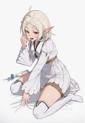  1girl absurdres ahoge akaki1088 blush collarbone commentary ear_blush elf finger_to_mouth highres long_sleeves looking_at_viewer mushoku_tensei open_mouth parted_bangs pointy_ears red_eyes shirt short_hair sidelocks sitting skirt solo spread_legs sylphiette_(mushoku_tensei) thigh-highs untranslatable_commentary white_background white_hair white_shirt white_skirt white_thighhighs 