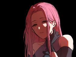  1girl alien_stage black_background black_dress black_gloves clothing_cutout dress empty_eyes gloves hand_on_own_neck highres konomaromaro0 long_hair mizi_(alien_stage) parted_lips pink_hair portrait shoulder_cutout simple_background solo tears tears_from_one_eye 