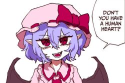  1girl ascot bat_wings blue_hair bow collared_shirt don't_you_have_a_human_heart?_(meme) english_text frilled_shirt_collar frills hair_between_eyes hat hat_bow jujutsu_kaisen looking_at_viewer meme mob_cap pink_hat pink_shirt pointy_ears rampa93 red_ascot red_bow red_eyes remilia_scarlet shirt simple_background slit_pupils solo speech_bubble teeth touhou white_background wings 