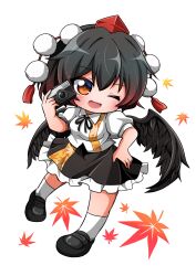  1girl :d ;d absurdres black_hair black_ribbon black_shoes black_skirt black_wings brown_eyes camera chibi collared_shirt commentary_request feathered_wings frilled_skirt frills full_body hat highres holding holding_camera leaf loafers maple_leaf neck_ribbon one_eye_closed open_mouth pom_pom_(clothes) puffy_short_sleeves puffy_sleeves red_hair ribbon shameimaru_aya shirt shoes short_hair short_sleeves skirt smile socks solo takojiru top_hat touhou white_shirt white_socks wings 