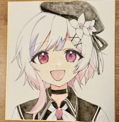  1girl :d absurdres beret black_choker black_coat black_hat choker coat collared_coat commentary_request flower gold_border gradient_hair hair_flower hair_ornament hat hat_flower hat_ribbon highres looking_at_viewer mahou_shoujo_no_majo_saiban multicolored_hair neck_ribbon open_mouth pink_eyes pink_hair portrait ribbon sakuraba_ema segawa_luna shikishi shirt short_hair simple_background sleeveless sleeveless_coat smile solo straight-on traditional_media white_background white_flower white_hair white_ribbon white_shirt x_hair_ornament 