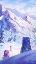  1boy 2girls absurdres black_gloves blue_scarf coat commentary elf fern_(sousou_no_frieren) frieren gloves hair_ornament highres long_hair mountain multiple_girls outdoors pointy_ears porukana purple_hair red_coat red_hair scarf short_hair snow snowing sousou_no_frieren stark_(sousou_no_frieren) tree white_coat 