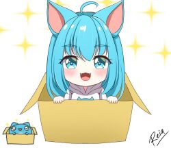  1girl :3 :d ahoge animal_ears artist_name blue_eyes blue_hair blush box bugcat cardboard_box cat cat_ears chibi commentary fangs hair_between_eyes hands_up highres hood hood_down hoodie in_box in_container long_hair looking_at_viewer open_mouth original reia_76 signature simple_background smile solo sparkle sparkle_background white_background white_hoodie 