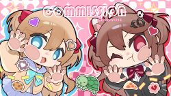  1boy 2girls against_fourth_wall animal_ears aqua_bow aqua_bowtie black_cardigan black_skirt blue_eyes blue_sailor_collar blue_skirt bow bowtie broken_heart broken_heart_hair_ornament broom1216 brown_hair cardigan cat_ears cat_girl chibi chibi_only closed_mouth commentary commission english_commentary evil_neuro-sama evil_neuro-sama_(1st_costume) hair_between_eyes hair_ornament hair_ribbon hand_on_wall heart heart_hair_ornament highres long_hair long_sleeves looking_at_viewer multiple_girls neuro-sama neuro-sama_(1st_costume) one_eye_closed open_mouth red_bow red_bowtie red_eyes red_ribbon ribbon sailor_collar siblings sisters skirt turtle twins two_side_up upper_body vedal987 vedal_ai virtual_youtuber yellow_cardigan 