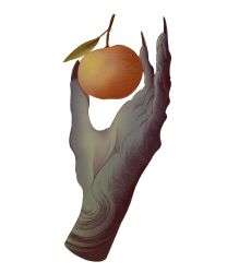  1boy commentary english_commentary fingernails food fruit hand_focus holding holding_food holding_fruit iliothermia leaf long_fingernails orange_(fruit) original sharp_fingernails simple_background solo white_background 