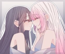  2girls absurdres black_hair black_tank_top border closed_eyes closed_mouth commentary gradient_background grey_background grey_border hand_on_another's_neck highres hitozuma_kyoushi_ga_oshiego_no_joshikousei_ni_dohamari_suru_hanashi ichigohara_itsuki kousaka_0v0 long_hair multiple_girls off_shoulder outline pink_hair profile tank_top togawa_rin upper_body white_outline yuri 