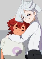  2girls black_pants closed_eyes closed_mouth commentary_request grey_background grey_eyes grey_hair grey_shirt gundam gundam_suisei_no_majo highres hug long_hair miorine_rembran multiple_girls natu4687 pants red_hair scar scar_on_face shirt smile suletta_mercury thick_eyebrows white_shirt yuri 