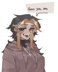  1girl ari_(notaxuaxi) black_eyes black_shirt blonde_hair blush breasts brown_hair brown_hoodie commentary corrupted_twitter_file curtained_hair drawstring english_text heart heart-shaped_pupils heart_pendant highres hood hood_down hoodie jewelry large_breasts large_variant_set long_hair multicolored_hair notaxuaxi open_mouth original pendant shirt sidelocks signature simple_background smile solo speech_bubble symbol-shaped_pupils turtleneck two-tone_hair upper_body variant_set white_background 