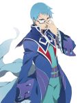  adjusting_glasses belt blue_eyes blue_hair coat glasses hubert_ozwell male serious shiramine_(srmn09) solo tales_of_(series) tales_of_graces white_background 