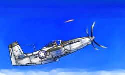  1girl aircraft airplane animal_ear_headwear blonde_hair blue_sky clouds cockpit flying helmet insignia looking_at_object military_vehicle original p-51_mustang pilot pilot_helmet propeller propeller_fighter roundel sky ufo united_states_air_force vehicle_focus y_(khakiyawn) 