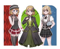  3girls black_dress black_hat black_thighhighs blonde_hair blue_eyes dress grey_eyes hat helmet highres holding holding_unworn_helmet looking_at_viewer multiple_girls nanaj_(rainrhinee) official_alternate_costume plaid_clothes plaid_skirt pokemon pokemon_(anime) pokemon_adventures pokemon_journeys pokemon_masters_ex serena_(pokemon) serena_(sygna_suit)_(pokemon) short_hair skirt sleeveless star_(symbol) thigh-highs unworn_headwear unworn_helmet 