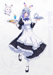  1girl animal animal_ears apron black_dress black_shoes blue_bow blue_bowtie blue_eyes bow bowtie breasts commentary_request commission copyright_request cup dress drinking_glass food frilled_apron frilled_dress frills full_body gradient_background gradient_hair grey_background grey_hair hair_between_eyes high_heels highres holding holding_spoon holding_tray ice_cream ice_cream_float juliet_sleeves large_breasts long_dress long_hair long_sleeves looking_at_viewer maid maid_headdress multicolored_hair omelet omurice p8_kei pantyhose parted_lips plate puffy_sleeves purple_hair rabbit rabbit_ears rabbit_girl saucer shoes skeb_commission smile solo spoon standing standing_on_one_leg teacup teapot tray two-tone_hair watermark watermark_grid white_apron white_pantyhose 
