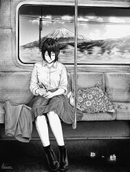  1girl absurdres ankle_boots boots bouquet chainsaw_man chrysanthemum closed_eyes closed_mouth clouds collared_shirt commentary crosshatching english_commentary flower greyscale hair_between_eyes hatching_(texture) highres holding holding_ticket instagram_logo instagram_username marvin_(omarvin) monochrome power_lines reze_(chainsaw_man) shirt signature sitting skirt solo ticket train_interior twitter_logo twitter_username unworn_clothes utility_pole volcano window 