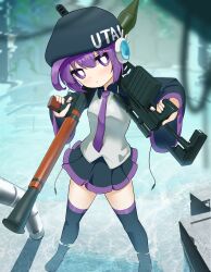  0w0_(artist) 1girl :/ absurdres audio_jack beret black_hat black_skirt black_sleeves boots breasts bright_pupils cable closed_mouth collared_shirt commentary cowlick from_above gun hat hat_writing head_tilt headphones highres holding holding_gun holding_rocket_launcher holding_weapon industrial_pipe knee_boots legs_apart light_blush long_sleeves looking_at_viewer looking_to_the_side necktie over_shoulder pleated_skirt purple_hair purple_necktie purple_trim radio_antenna robot_ears rocket_launcher shirt short_hair skirt small_breasts solo standing utane_uta utau violet_eyes wading weapon weapon_over_shoulder weapon_request white_pupils white_shirt wide_sleeves 