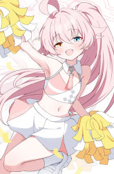  1girl :d absurdres adachi_(ttriwk) ahoge arm_up artist_name blue_archive blue_eyes character_name commentary confetti cowboy_shot crop_top fang flat_chest halo heterochromia high_ponytail highres holding holding_pom_poms hoshino_(blue_archive) long_hair looking_at_viewer midriff millennium_cheerleader_outfit_(blue_archive) navel open_mouth pink_hair pom_pom_(cheerleading) ponytail shoes simple_background skirt smile sneakers socks solo standing standing_on_one_leg very_long_hair white_background white_shoes white_skirt white_socks yellow_eyes zoom_layer 