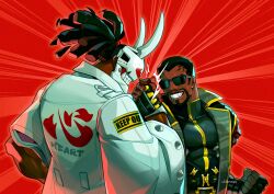  2boys arc_system_works artist_name belt black_coat black_gloves black_hair black_shirt blade_(marvel) coat commentary company_connection covered_face dark-skinned_male dark_skin dreadlocks english_commentary epic_handshake_(meme) facial_hair fangs fingerless_gloves gloves guilty_gear guilty_gear_strive handshake highres horned_mask male_focus marvel marvel_tokon:_fighting_souls mask meme multiple_boys nagoriyuki oni_mask red_background shirt smile sunglasses trait_connection ultineet vampire white_coat 