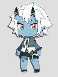  1girl :p absurdres arms_at_sides bang_dream! black_choker black_necktie black_shoes black_skirt blue_horns blue_oni blue_skin brown_eyes chibi chibi_only chinese_commentary choker collared_shirt colored_skin commentary_request cropped_jacket cuffs drop_shadow ear_piercing full_body ganso!_bang_dream_chan grey_background hair_between_horns highres horns jacket legs_apart linju_juedui_zhengyi long_sleeves looking_at_viewer miniskirt multicolored_horns multiple_piercings necktie no_nose oni open_clothes open_jacket parody pencil_skirt piercing pointy_ears pouch shackles shirt shoes short_eyebrows short_hair sidelocks simple_background skin-covered_horns skirt solo soukaku_(zenless_zone_zero) standing sticker sticker_on_leg style_parody thick_eyebrows thigh_pouch thigh_strap tongue tongue_out two-tone_horns variant_set very_short_hair white_hair white_shirt wingtip_collar zenless_zone_zero 