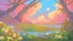 artist_name blue_sky clouds cloudy_sky colorful_clouds commentary commission english_commentary flower grass highres horizon landscape meadow night no_humans original outdoors purple_flower scenery sky star_(sky) starry_sky stream tektober tree white_flower yellow_flower 