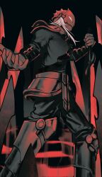  1boy absurdres armor black_background commentary_request from_below gloves glowing glowing_eyes helmet highres holding holding_sword holding_weapon male_focus red_theme sdr2ms shoulder_armor simple_background slay_the_spire slay_the_spire_2 sword the_ironclad_(slay_the_spire) weapon white_hair 