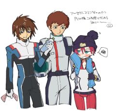 1girl 2boys amate_yuzuriha amuro_ray aqua_eyes beanie blonde_hair blush bottle breasts brown_hair char's_counterattack commentary_request gundam gundam_arsenal_base gundam_gquuuuuux gundam_seed gundam_seed_destiny hat helmet holding holding_bottle holding_towel holding_unworn_helmet karaage_unai kira_yamato mecha_pilot_suit multiple_boys normal_suit_(gundam) open_mouth red_hair short_hair simple_background smile sweatdrop towel towel_around_neck unworn_headwear unworn_helmet violet_eyes water_bottle white_background 