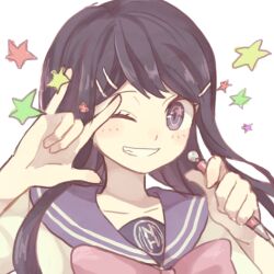  blue_hair blue_sailor_collar bow bowtie commentary_request danganronpa:_trigger_happy_havoc danganronpa_(series) hair_ornament hairclip holding holding_pen maizono_sayaka mikuni_(open-ranka) one_eye_closed pen pink_bow pink_bowtie sailor_collar school_uniform serafuku smile v 