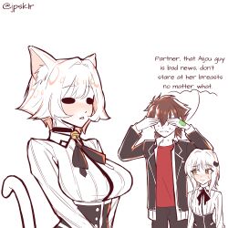  1boy absurdres animal_ear_fluff animal_ears bell blush breasts brown_hair cat_ears cat_tail collar english_text hair_between_eyes hair_intakes highres hyoudou_issei jingle_bell jpsklr kimi_no_koto_ga_dai_dai_dai_dai_daisuki_na_100-nin_no_kanojo kuoh_academy_school_uniform large_breasts multiple_girls neck_bell nekonari_tama school_uniform short_hair tail toujou_koneko white_hair 