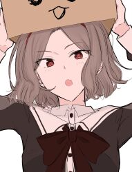  1girl black_dress bow bowtie box brown_bow brown_bowtie cardboard_box commentary dress ebizuka_tomo fang girls_band_cry grcr_pometa1118 grey_hair hairband highres horns long_sleeves one-hour_drawing_challenge open_mouth red_hairband simple_background skin_fang solo untranslatable_commentary upper_body white_background 