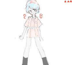  1girl blue_hair closed_mouth commentary_request dot_mouth dot_nose feet_out_of_frame grey_socks hat heart heart_print kneehighs looking_at_viewer miniskirt nurse nurse_cap pink_skirt qniokun rensa_#28 rensa_(toaru_majutsu_no_index) short_hair short_sleeves simple_background skirt socks solo standing toaru_majutsu_no_index toaru_majutsu_no_index:_new_testament white_background 