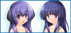  2000s_(style) 2girls :d :o bare_shoulders black_horns blue_border border collarbone commentary_request dress drop_shadow furude_rika green_dress hanyuu higurashi_no_naku_koro_ni horns kisaragi_miyu light_blush looking_at_viewer multiple_girls open_mouth pink_dress polka_dot polka_dot_background portrait purple_hair sleeveless sleeveless_dress smile violet_eyes white_background 