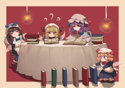  4girls ? ?? absurdres alternate_costume anger_vein apron blonde_hair blue_bow blue_eyes blush book bow brown_hair chair closed_eyes commentary_request crescent crescent_hat_ornament cup dominoes drill_hair enmaided fairy fairy_wings hair_bow hat hat_ornament highres lamp luna_child maid maid_apron maid_headdress mob_cap multiple_girls nanaironokabi open_mouth orange_hair patchouli_knowledge playing purple_hair reading red_bow red_eyes round_table saucer shoes short_hair sitting squatting star_sapphire sunny_milk table tablecloth teacup touhou v-shaped_eyebrows wings 