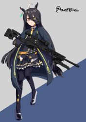  1girl absurdres ahoge animal_ears black_choker black_coat black_gloves black_hair black_pantyhose black_shirt black_skirt blush choker closed_mouth coat collared_shirt ear_tag earrings gloves gun hair_between_eyes highres holding holding_gun holding_weapon horse_ears horse_girl horse_tail jewelry kampfnscheisse long_bangs long_hair long_hair_between_eyes long_sleeves manhattan_cafe_(creeping_shadow)_(umamusume) manhattan_cafe_(umamusume) multicolored_hair necktie pantyhose rifle shirt shoes single_earring skirt solo standing standing_on_one_leg tail umamusume weapon white_hair white_shoes yellow_eyes yellow_necktie 