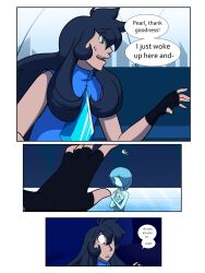  2girls alternate_universe black_hair blue_pearl_(steven_universe) demondionysus fingerless_gloves gem giant giantess gloves highres homeworld_gem_salute homeworld_gem_uniform if_they_mated multiple_girls nora_universe_(demondionysus) rebecca_sugar_(style) sleeveless sleeveless_turtleneck smile speech_bubble steven_universe sweat turtleneck upper_body 