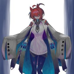  1girl agnes_tachyon_(tach-nology)_(umamusume) agnes_tachyon_(umamusume) ahoge animal_ears black_necktie black_pantyhose breasts brown_hair coat commentary_request cork earrings fangs glowing glowing_eyes hair_between_eyes highres horse_ears horse_girl horse_tail jewelry lab_coat long_sleeves looking_at_viewer medium_hair necktie open_clothes open_coat open_mouth pantyhose red_eyes rinka_(tonariuta) shirt short_necktie single_earring sleeves_past_fingers sleeves_past_wrists smile solo sweater sweater_vest tail teeth test_tube umamusume white_coat wolf_cut yellow_sweater yellow_sweater_vest 
