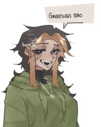  1girl ari_(notaxuaxi) black_eyes black_shirt blonde_hair blush breasts brown_hair commentary corrupted_twitter_file curtained_hair drawstring english_text green_hoodie heart heart-shaped_pupils heart_pendant highres hood hood_down hoodie jewelry large_breasts large_variant_set long_hair multicolored_hair notaxuaxi open_mouth original pendant shirt sidelocks signature simple_background smile solo speech_bubble symbol-shaped_pupils turtleneck two-tone_hair upper_body variant_set white_background 