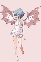  1girl alternate_costume barefoot bat_wings bloomers blue_hair camisole choker commentary_request full_body highres jack_(wkm74959) looking_at_viewer missing_headwear one-hour_drawing_challenge pink_background pointy_ears red_eyes remilia_scarlet ribbon ribbon_choker short_hair simple_background solo toes touhou white_bloomers white_camisole white_ribbon wings 