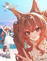  3girls :d angelina_(arknights) animal_ear_fluff animal_ears arknights arm_up beach blue_sky brown_eyes brown_hair chinese_commentary commentary_request day dress film_grain flying fox_ears fox_girl hair_between_eyes hat highres holding holding_swim_ring letter_in_orange_(arknights) long_hair looking_at_viewer moyu_kuangren_ling_mao multiple_girls multiple_persona ocean official_alternate_costume open_mouth outdoors outstretched_arm photo_background sandals sky smile staff_riding standing summer sun_hat sundress swim_ring twintails very_long_hair waving white_dress 