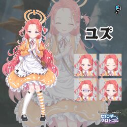  1girl absurdres alternate_costume apron asymmetrical_legwear black_shoes blue_archive blue_eyes closed_eyes closed_mouth commentary_request dress forehead halo highres kneehighs long_hair long_sleeves looking_at_viewer mismatched_legwear mismatched_socks multiple_expressions one_side_up open_mouth orange_dress orange_halo orange_socks own_hands_together puffy_long_sleeves puffy_sleeves red_hair shoes smile socks striped_clothes striped_socks take-run-atelier two-tone_socks very_long_hair white_apron white_socks wonder_protocol yuzu_(blue_archive) zoom_layer 