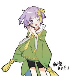  1girl :d ;d artist_name black_shorts blush bow chinese_commentary commentary cowboy_shot fate/extra fate/extra_ccc fate/extra_ccc_fox_tail fate_(series) green_kimono green_shirt hair_bow hair_ribbon himitsu_onigiri japanese_clothes kazuradrop_(fate) kazuradrop_(fate/extra) kimono long_sleeves looking_at_viewer one_eye_closed open_mouth own_hands_together purple_hair ribbon ribbon_trim shirt short_hair shorts signature simple_background smile solo tassel v-shaped_eyebrows variant_set violet_eyes white_background wide_sleeves yellow_bow yellow_ribbon 