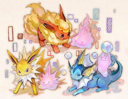  black_eyes blue_eyes commentary_request ditto evolutionary_line flareon grey_background imitating jolteon kantarou_(8kan) no_humans open_mouth pokemon pokemon_(creature) solid_circle_eyes vaporeon violet_eyes 
