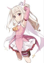  1girl akaneko016 blonde_hair cape cowboy_shot cross detached_sleeves fate/kaleid_liner_prisma_illya fate_(series) frilled_thighlet gloves hair_ornament hand_up highres illyasviel_von_einzbern long_hair looking_at_viewer magical_girl pink_sleeves prisma_illya red_eyes sidelocks skirt solo white_background white_gloves wing_hair_ornament 
