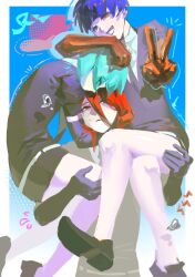  3others androgynous belt black_gloves black_necktie black_shoes black_sweater blue_background blue_hair border carrying carrying_multiple_people carrying_person cinnabar_(houseki_no_kuni) colored_skin commentary elbow_gloves english_commentary facing_another facing_viewer gem_uniform_(houseki_no_kuni) gloves golden_arms green_hair highres houseki_no_kuni looking_at_another looking_at_viewer looking_up mercury_(element) multiple_others necktie phosphophyllite phosphophyllite_(ll) puffy_short_sleeves puffy_sleeves red_hair shirt shoes short_hair short_sleeves sticker sweatdrop sweater v white_belt white_border white_shirt white_skin yiran143066181 