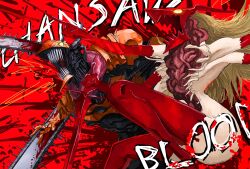  1boy 1girl armor blonde_hair blood blood_on_face blood_on_weapon blood_splatter chainsaw chainsaw_man chainsaw_man_(character) demon demon_horns denji_(chainsaw_man) denji_man_(chainsaw_man) extra_arms gigan_(gigan1024896) highres horns intestine_clothing long_hair monster_girl multiple_weapons organs power_(chainsaw_man) red_background ribs sharp_teeth spiked_armor spikes symbol-shaped_pupils teeth weapon 