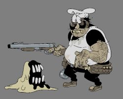  1boy ammunition_belt black_hair black_pants brown_shoes chef_hat colored_teeth commentary english_commentary facial_hair full_body grey_background gun hat holding holding_weapon large_nose looking_back male_focus mustache pants peppino_spaghetti pixel_art pizza_tower shoes short_hair simple_background standing submarinechamomile weapon white_hat yellow_teeth 